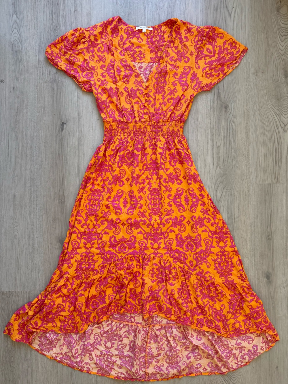 Anthropologie Abel the Label Maya Orange Pink Brocade High Low Dress Size Small